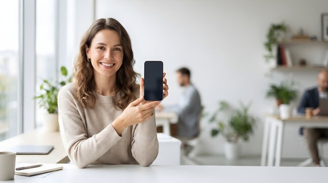 A woman is showing her smartphone screen and smiling, she is in a co-working space with other people working in the background