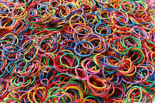 Piles of colorful elastic rubber bands