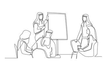 Fototapeta premium A continuous line drawing of human Arab professionals and Muslim women watching a male speaker present on a flipchart, portraying corporate leadership, team seminar training, and office strategy.