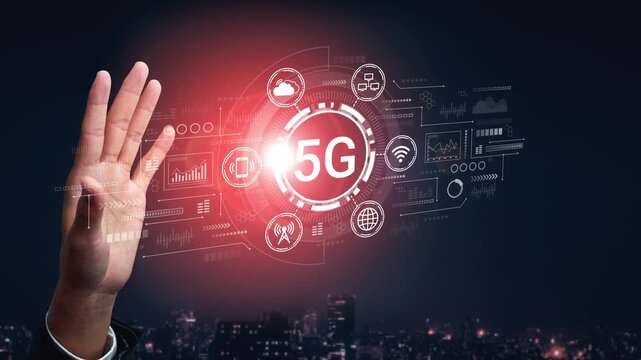 Futuristic Hand Gesture Indicating 5G Technology with Graphical Elements and City Skyline Background at Night. Entropy.