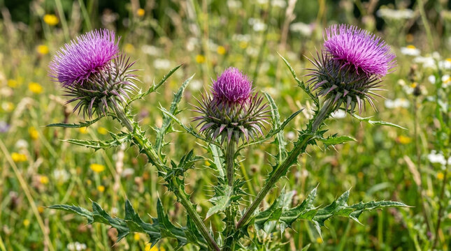 Beautiful Vibrant Purple Thistle Flowers Blooming in Summer Wild Meadow
