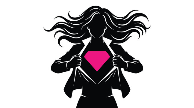 Powerful female superhero silhouette revealing a vibrant magenta diamond logo on her chest as a conceptual business vector graphic design