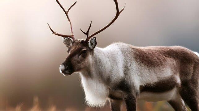 A majestic reindeer stands alert in a softly lit natural setting  showcasing its impressive antlers and thick fur coat