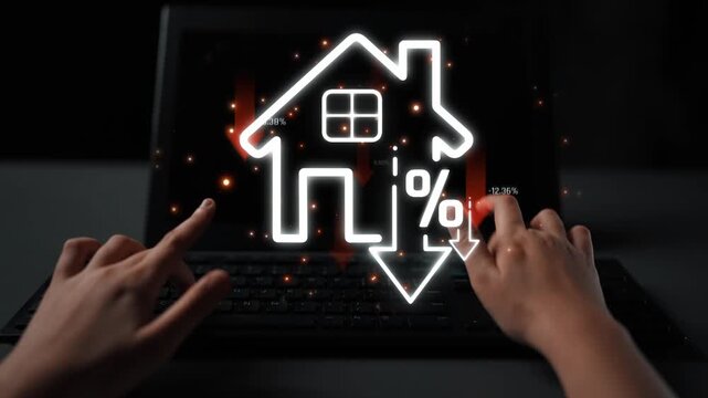 Digital Concept of Mortgage Rates Illustrating Decrease in Housing Interest Rates with Graph Trends and Hands on Laptop Keyboard Sigmoid