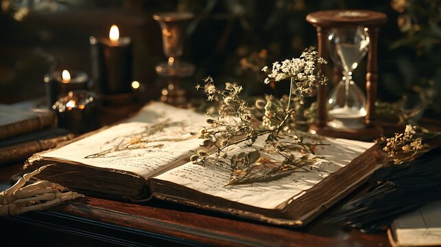 Halloween Study dark academia Halloween aesthetic still life, antique open grimoire book with hand-lettered spells, skeleton hand bone reaching from darkness, black candles with pools of melted 