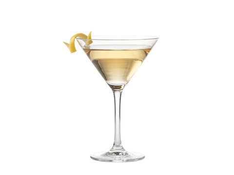 Martini cocktail glass with lemon twist garnish isolated on white background