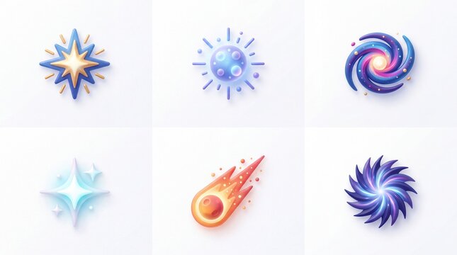 Collection of Colorful Cosmic and Space Icons with Bright Dynamic Designs