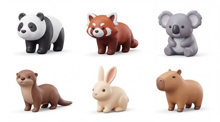 Obraz premium Set of Cute Animal Figurines Including Panda Fox Koala Rabbit and Hippo in Bright Colors