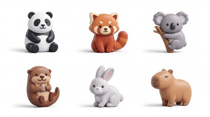 Obraz premium Cute Animal Figurines Collection Featuring Panda Red Panda Koala Bunny Pig for Children's Decor and Toys