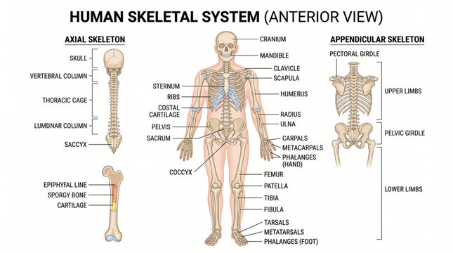 Anterior view of the human skeletal system with detailed anatomical labels