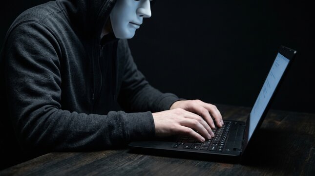 Anonymous hacker in a mask using a laptop in a dark room, concept of cybercrime and data theft