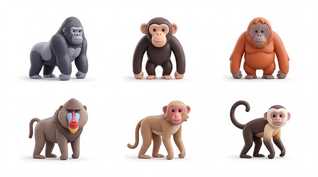 Colorful Cartoon Monkey Figures Set on White Background for Kids Toys and Educational Materials