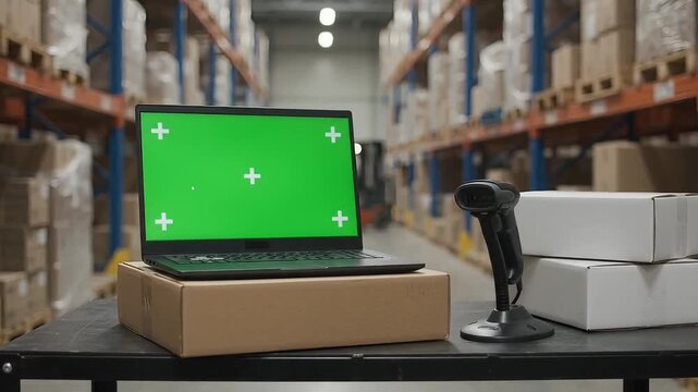 Laptop with Blue Screen Mockup on Workbench in Workshop