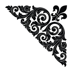 Fototapeta premium Baroque corner ornament vector, vintage black filigree border element, elegant fleur de lis scrollwork design for wedding invitations isolated on White Background