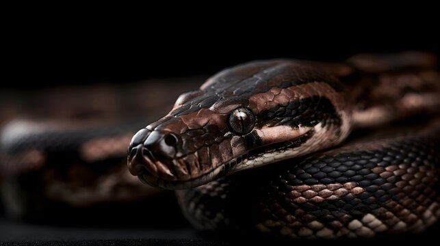 Close up of a coiled snake with detailed scales and focused eye against a dark background