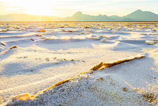 Golden sunrise illuminating textured crust at Bonneville Salt Flats Utah