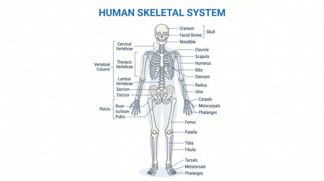 Human skeletal system anatomical chart with bone labels