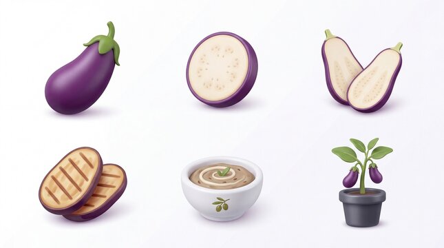 Eggplant Eggplant Sliced Eggplant Plant with Pot and Eggplant Dip on White Background