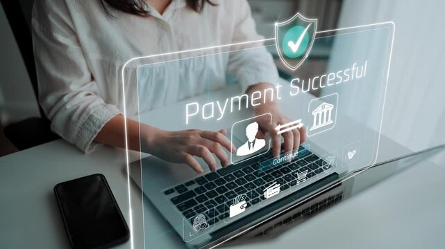 Modern digital payment processing concept showcasing successful transaction confirmation on a laptop with holographic graphics and secure interface Sigmoid