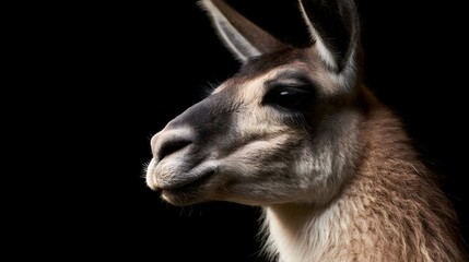Fototapeta premium Close up portrait of a llama s head in profile against a dark background highlighting its soft fur and alert ears