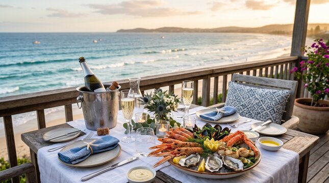 Seaside Feast: A lavish seafood platter and chilled champagne await guests at an elegantly set dining table on a balcony overlooking a picturesque beach and tranquil ocean at sunset.