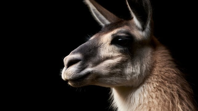 Close up portrait of a llama s head in profile against a dark background  highlighting its soft fur and alert ears