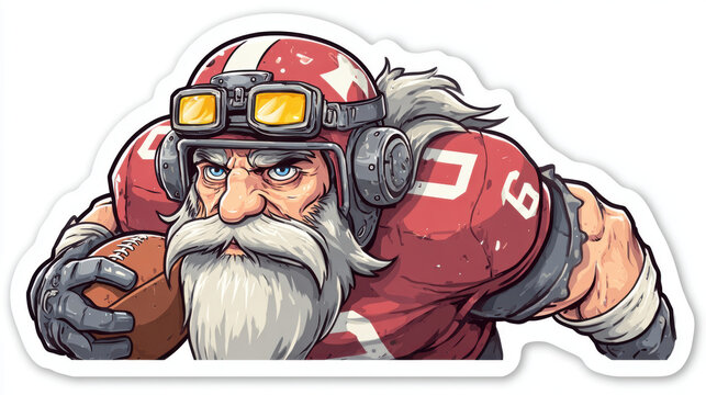 Fierce bearded dwarf football player in a vintage helmet with a ball, sticker design