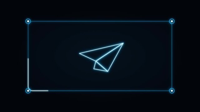 Abstract Neon Laser Glowing Paper Plane Message Notification Icon with Minimalist HUD Digital Interface Design