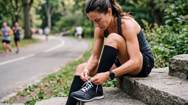 Runner preparing for a race in the park: A focused female runner, dressed in athletic wear and compression socks, ties her shoelaces while sitting on stone steps in a park.