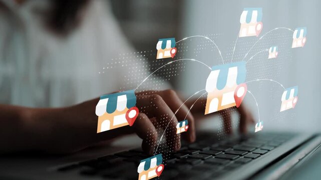 Digital Business Networking and Online Marketing Concepts with Store Icons on Laptop Keyboard for E-commerce Success and Growth Strategies Gluon.