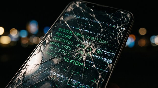 Broken smartphone with shattered screen displaying system error code and data glitch on cracked glass display