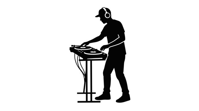 Silhouette of a dj mixing music at a turntable on a stand with headphones