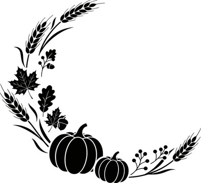 A beautiful hand drawn black and white crescent moon illustration decorated with autumn pumpkins and floral leaves for seasonal fall harvest designs