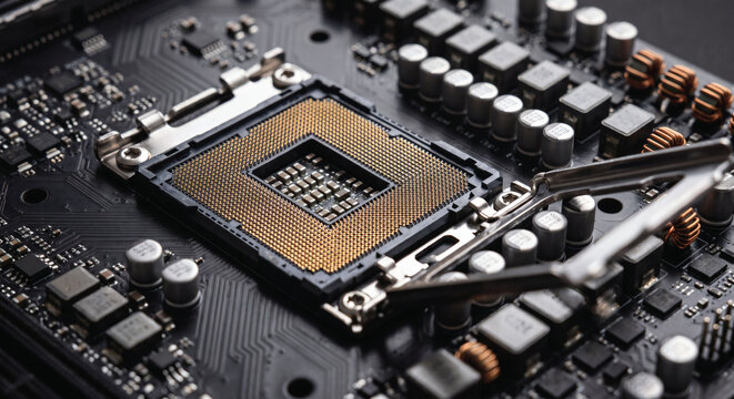 Macro close up of a motherboard CPU socket with open retention lever and surrounding capacitors