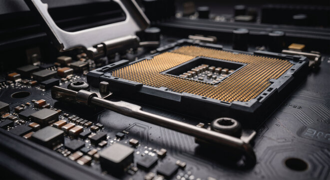 Macro close up of an empty CPU socket on a dark computer motherboard