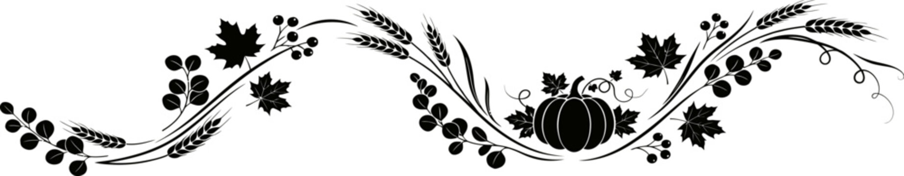 Elegant black and white floral vine border illustration featuring delicate leaves and berries in a decorative horizontal wavy line design for invitations