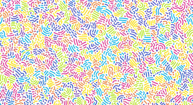 Vibrant Memphis Style Background with Multicolored Dashed Lines and Artistic Squiggles