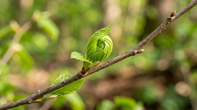 New Bud Unfurling: A tightly curled green bud, showcasing intricate spiraling patterns, begins to unfurl on a thin branch amidst a softly blurred backdrop of lush spring foliage.