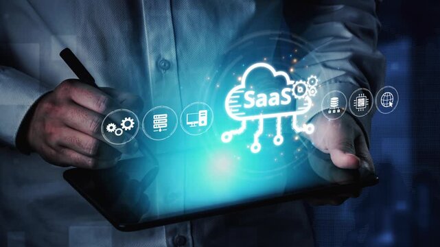 Visual representation of SaaS showing infrastructure, SaaS deployment, SaaS platform features, and SaaS integration model in digital environment. Muxer