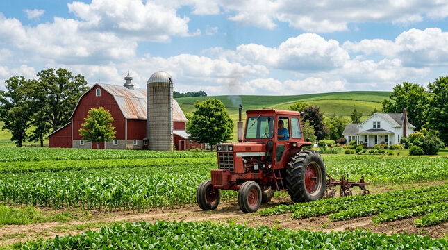 Red Tractor Working in Green Crop Field with Classic Red Barn and Silo