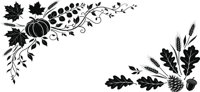 Decorative seasonal autumn corner frame design featuring black silhouette illustrations of pumpkins maple leaves acorns and wheat stalks on a white background