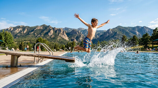 Joyful Boy Jumping into Outdoor Swimming Pool with Scenic Mountain Background during Summer Vacation