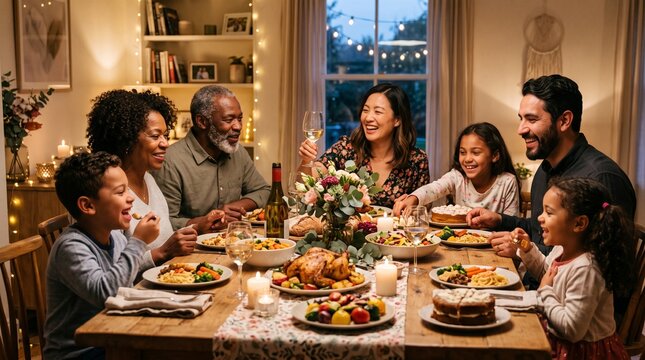 Family Feast: A warm and inviting scene depicts a multi-generational family gathered around a beautifully set dinner table, sharing laughter and a delicious meal. A festive atmosphere fills the room.