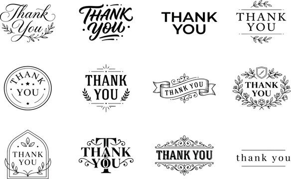 Collection of twelve elegant thank you lettering designs with various vintage typography styles and decorative flourishes for cards invitations and creative projects