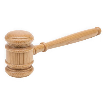 Classic wooden judge gavel for legal court and justice proceedings isolated on transparent background