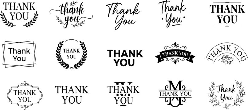 Collection of fifteen elegant hand drawn thank you lettering designs for greeting cards invitations and decorative social media graphic design projects