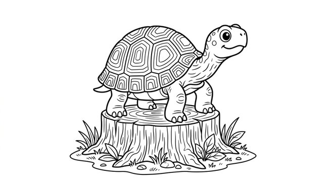 Cute Cartoon Turtle Standing on Tree Stump Coloring Page for Kids Illustration