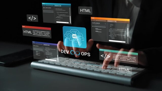 Modern DevOps Environment Showcasing AI Integration with Code Snippets Displayed on Screen, Focusing on HTML and Workflow Efficiency Gluon.