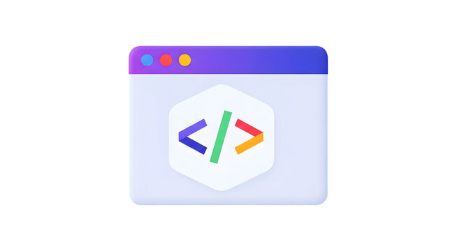3D software development icon featuring a browser window with code tags on a clean transparent background