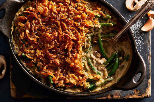 green bean casserole topped with fried shallots